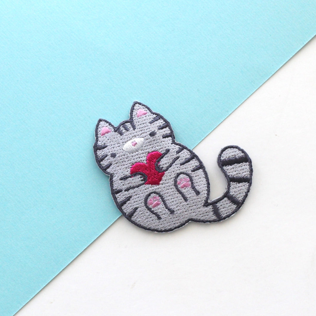 Grey Tabby Cat Embroidered Iron On Patch