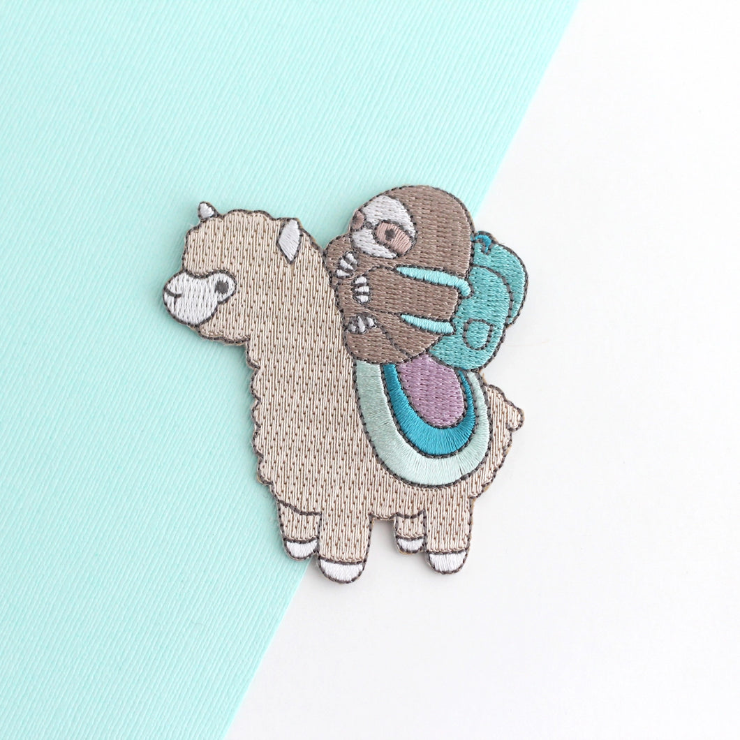 Sloth and Alpaca Adventurer Embroidered Iron On Patch