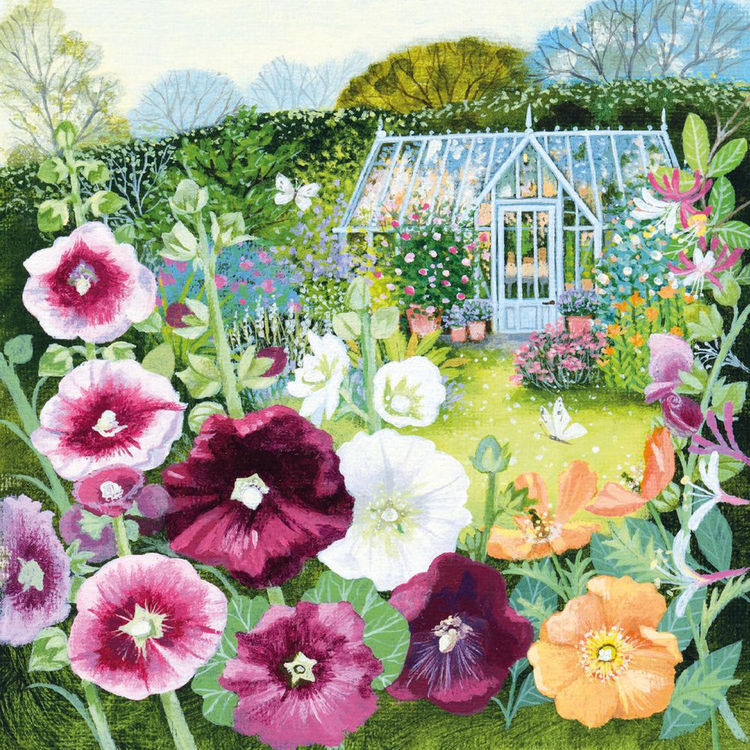 Greenhouse and Hollyhocks Card